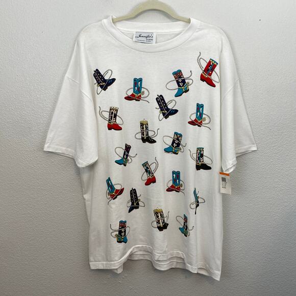 VTG Country Boot Graphic White Embellished Oversized T-Shirt - Picture 3 of 10